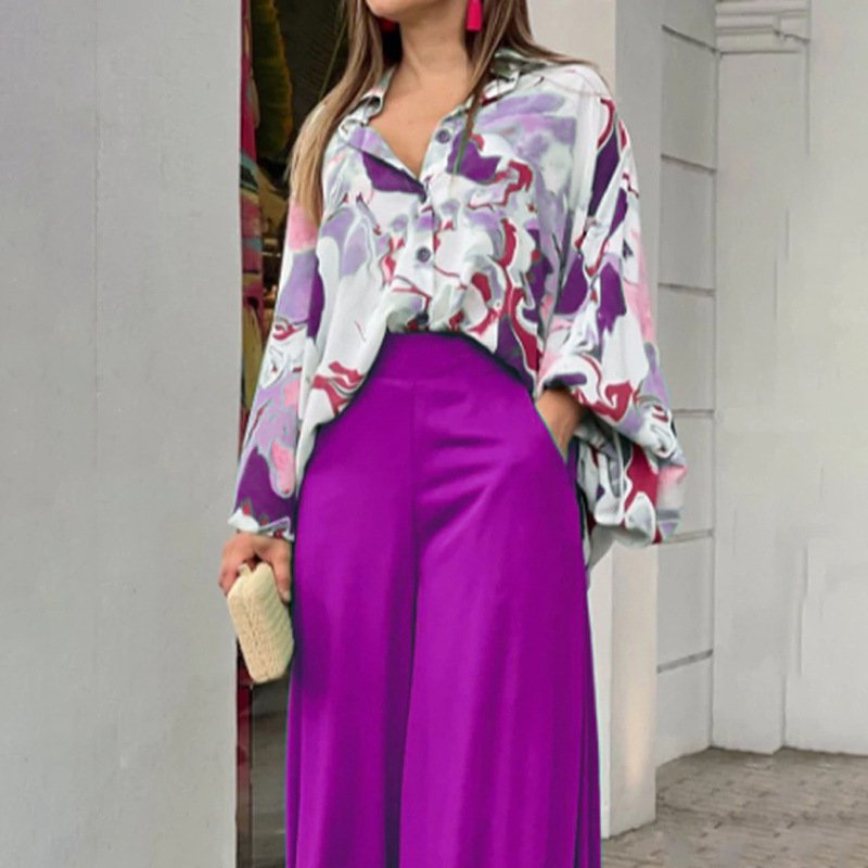 Women's Printed Shirt Wide Leg Pants Fashion Casual Set - Image 9